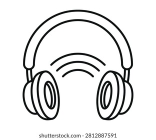 Stereo over-ear headphones layout showing dynamic outward curved sound signal transmission arcs wave line art vector icon. Acoustic audio broadcasting symbol.