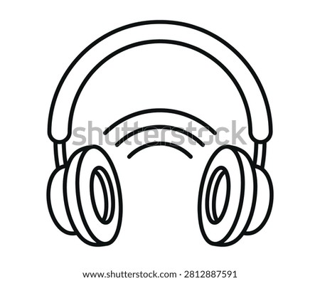 Stereo over-ear headphones layout showing dynamic outward curved sound signal transmission arcs wave line art vector icon. Acoustic audio broadcasting symbol.
