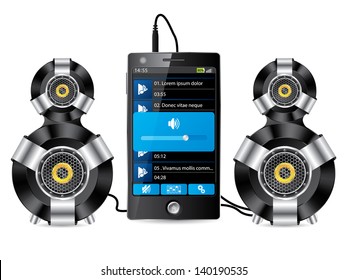 Stereo speaker set with phone playing music