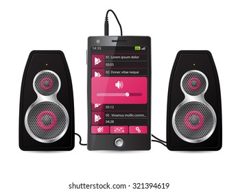 Stereo speaker set plugged into phone playing music