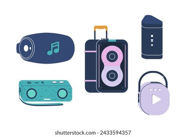 Stereo Speakers and Loudspeakers Vector Set. Electronic Items Provide Immersive Audio Experiences By Delivering Sounds