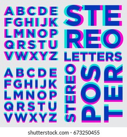 Stereo. Stereoscopic letters. The alphabet is pink. green and blue. Letters for a poster.