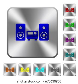 Stereo system engraved icons on rounded square glossy steel buttons