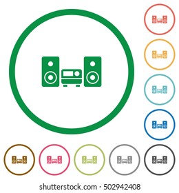 Stereo system flat color icons in round outlines