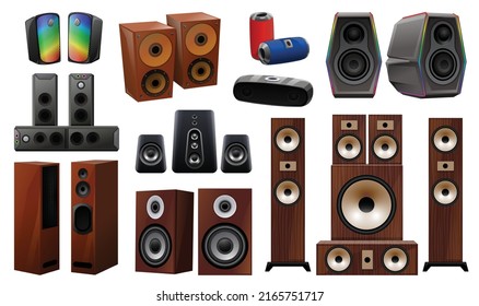 Stereo System Icons Set Cartoon Vector. Subwoofer Speakers. Big Stereo