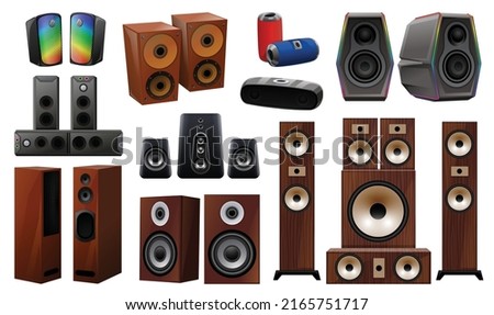 Stereo system icons set cartoon vector. Subwoofer speakers. Big stereo