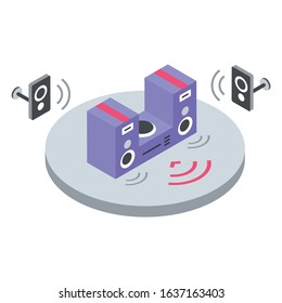 Stereo system isometric color vector illustration. Music volume remote control. Loudspeakers, home theater, audio amplifier. Entertainment equipment 3d concept isolated on white background