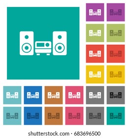 Stereo system multi colored flat icons on plain square backgrounds. Included white and darker icon variations for hover or active effects.