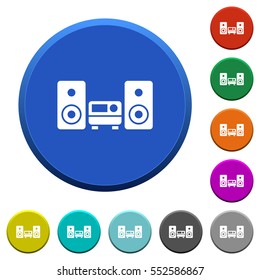 Stereo system round color beveled buttons with smooth surfaces and flat white icons