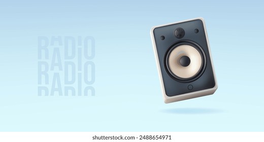 Stereo system sound speaker 3d vector illustration. Concert woofer station for electronic melody announce device. Music acoustic audio podcast realistic radio boombox tuner. Dual portable hifi quality