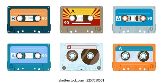 Stereo tape 80s cassettes. Cartoon vintage tape record, 90s music audio cassette, analogue player old tape flat vector illustration on white background