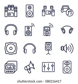 stereo vector icons. Set of 16 stereo outline icons such as volume, speaker, loud speaker set, sliders, car music, earphones, loud speaker with equalizer, loudspeaker, headset