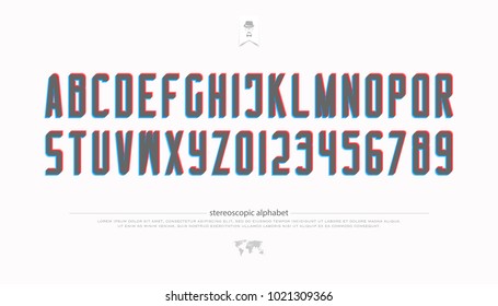 stereoscopic alphabet letters and numbers. vector, 3d effect font type. futuristic, accented typeface design. contemporary, distortion illusion typesetting