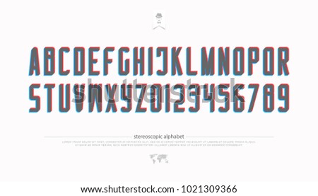 stereoscopic alphabet letters and numbers. vector, 3d effect font type. futuristic, accented typeface design. contemporary, distortion illusion typesetting