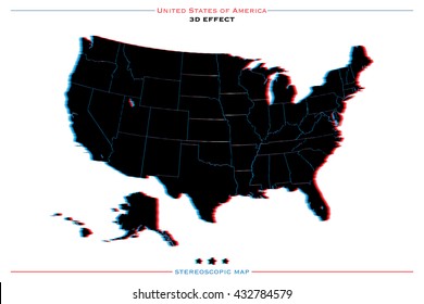 Stereoscopic Effect United States Of America Isolated Map. Vector USA Territory Political Map. Geographic Banner Template. Three-dimensional Illusion US Maps. 3d Stereoscopic Map Icon. Vector USA Maps