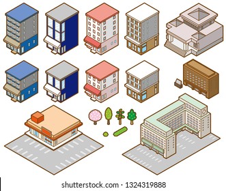 Stereoscopic illustration of various buildings