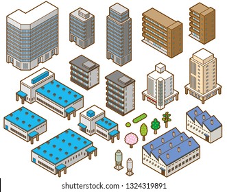 Stereoscopic illustration of various buildings