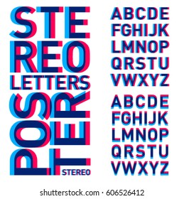 Stereoscopic letters. The alphabet is pink with blue. Letters for the poster.