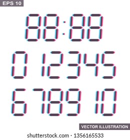 Stereoscopic numbers.Electronic dial stereo.Colorful glitch.Vector Illustration