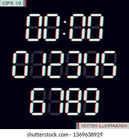 Stereoscopic numbers.Electronic dial stereo.Colorful glitch.Vector Illustration
