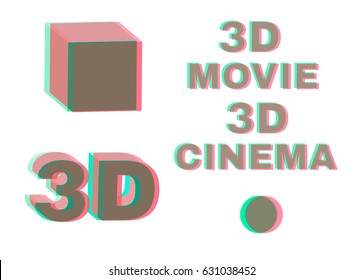 Stereoscopic objects and words: 3d movie, cinema. No transparency stereo effect. Isolated on white. Vector illustration. 