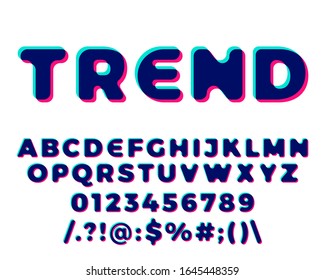 Números y letras vectoriales 3d estereoscópicas estéreo. Alfabeto verde y rosa colorido. Tipografía con efecto de ilustración estereoscópica.