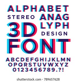 Stereoscopic stereo 3d vector letters and numbers. Colorful glitch alphabet. Typography abc with effect stereoscopic illustration