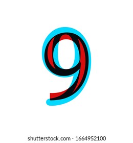Stereoscopic stereo 3d vector number 9. Colorful glitch alphabet. Typography effect stereoscopic illustration