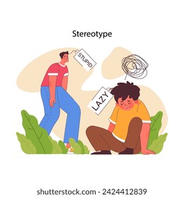 Stereotype concept. Upset neurodiverse man and boy with labels on heads. Confronting the harm of misconceptions. Advocating for deeper understanding and individuality. Flat vector illustration