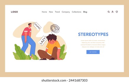 Stereotype concept. Upset neurodiverse man and boy with labels on heads. Confronting the harm of misconceptions. Advocating for deeper understanding and individuality. Flat vector illustration