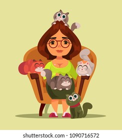 Stereotype independent happy smiling woman sitting on sofa with many cats animals. Cartoon flat isolated illustration