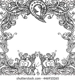 STEREOTYPES OF RUSSIA. Hand-drawn decorative frame.  Russian style vector isolated illustration. Good elements for adults coloring book or scrap booking.
