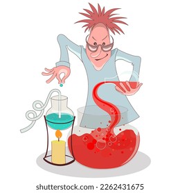 Stereotypic bushy haired mad professor in lab coat holding chemical flask, cartoon illustration.  Alchemy. Crazy comic scientist, mad professor, chemist, doctor