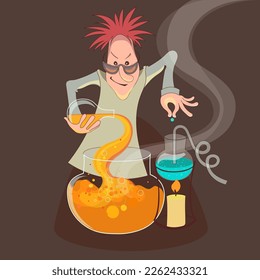 Stereotypic bushy haired mad professor in lab coat holding chemical flask, cartoon illustration.  Alchemy. Crazy comic scientist, mad professor, chemist, doctor