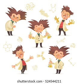 Stereotypic bushy haired mad professor wearing lab coat in various poses, cartoon illustration isolated on white background.