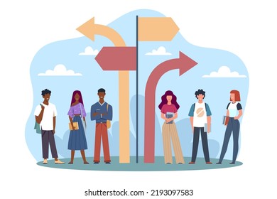 Stereotypical Division Based On Ethnic Race. Separation By Religion. Minority Discrimination, Community Problem, Sorting Persons. Vector Cartoon Flat Segregation And Racism Concept