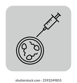 Sterile environment with syringe injecting into petri dish containing sperm samples. Various steps in laboratory fertilization procedure to assist reproduction concept