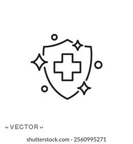 sterile icon, health protection, medically sterile, medical cross with clean shiny surface, thin line symbol isolated on white background, editable stroke eps 10 vector illustration