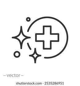 steriles Symbol, medizinisch sterilisiert, medizinisches Kreuz mit sauberer, glänzender Oberfläche, dünnes Liniensymbol auf weißem Hintergrund - bearbeitbare Strichvektorgrafik