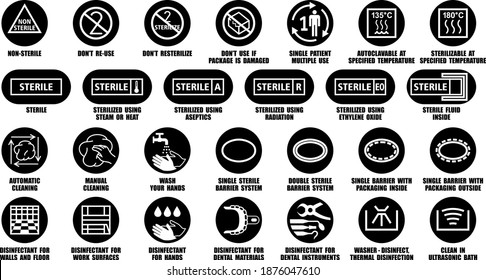 Sterile and non-sterile black icons isolated on white. Full vector package collection of disinfectant symbols for medical device, equipment, instruments, materials