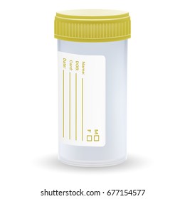 Sterile Plastic Medical Container. Blank Template Of Clear Empty Transparent Jar For Urine Or Liquid For Laboratory Analysis Isolated On A White Background. Realistic Vector Illustration.