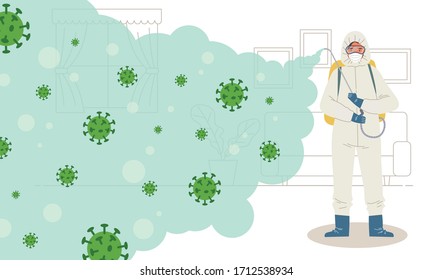 Sterile room, flat style vector illustration of medical staff or authority wearing PPE suit sprays a disinfectant solution to kill virus and germ during coronavirus epidemic. Cleaning COVID-19 