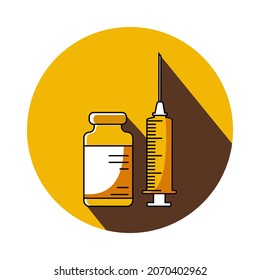Sterile syringe with needle and dose vial. Antivirus injection icon. A yellow circle with a long brown shadow. Healthcare in modern flat design. Medical education. Vector.