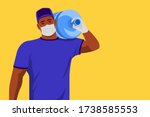 Sterile water Delivery. African American young courier carrying water bottle on shoulder. Wearing medical protective face mask and gloves against covid-19. copy space.