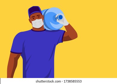 Sterile Water Delivery. African American Young Courier Carrying Water Bottle On Shoulder. Wearing Medical Protective Face Mask And Gloves Against Covid-19. Copy Space.