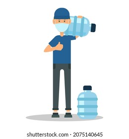 Sterile Water Delivery. A Courier In A Protective Mask Carrying A Water Bottle On His Shoulder.