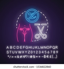 Sterilisation Device Neon Light Concept Icon. Safe Sex. Tubal Ligation. Blocked Fallopian Tubes. Surgical Procedure Idea. Glowing Sign With Alphabet, Numbers And Symbols. Vector Isolated Illustration