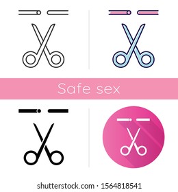 Sterilisation Icon. Fallopian Tubes Cut. Vasectomy. Male Preservative Method. Safe Sex. Permanent Pregnancy Prevention. Flat Design, Linear And Color Styles. Isolated Vector Illustrations