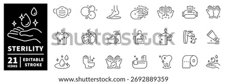 Sterility icons set. editable line icons, clean, hygiene and sanitation symbols
