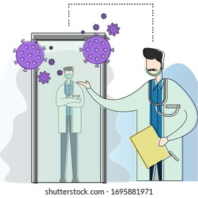 Sterilization chamber vector concept with two doctors showing how the chamber works, isolated in white background with purple germs icons svg